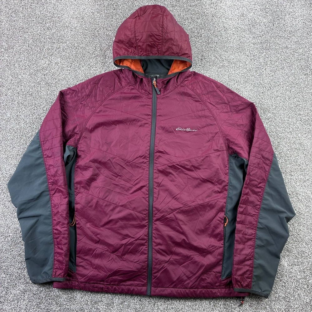 Eddie Bauer Puffer Jacket Mens XL Burgundy Hooded Insulated Full Zip Outdoors